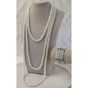 Faux Pearl Necklace Bracelet Set Multi Strand Rhinestone Wedding Formal